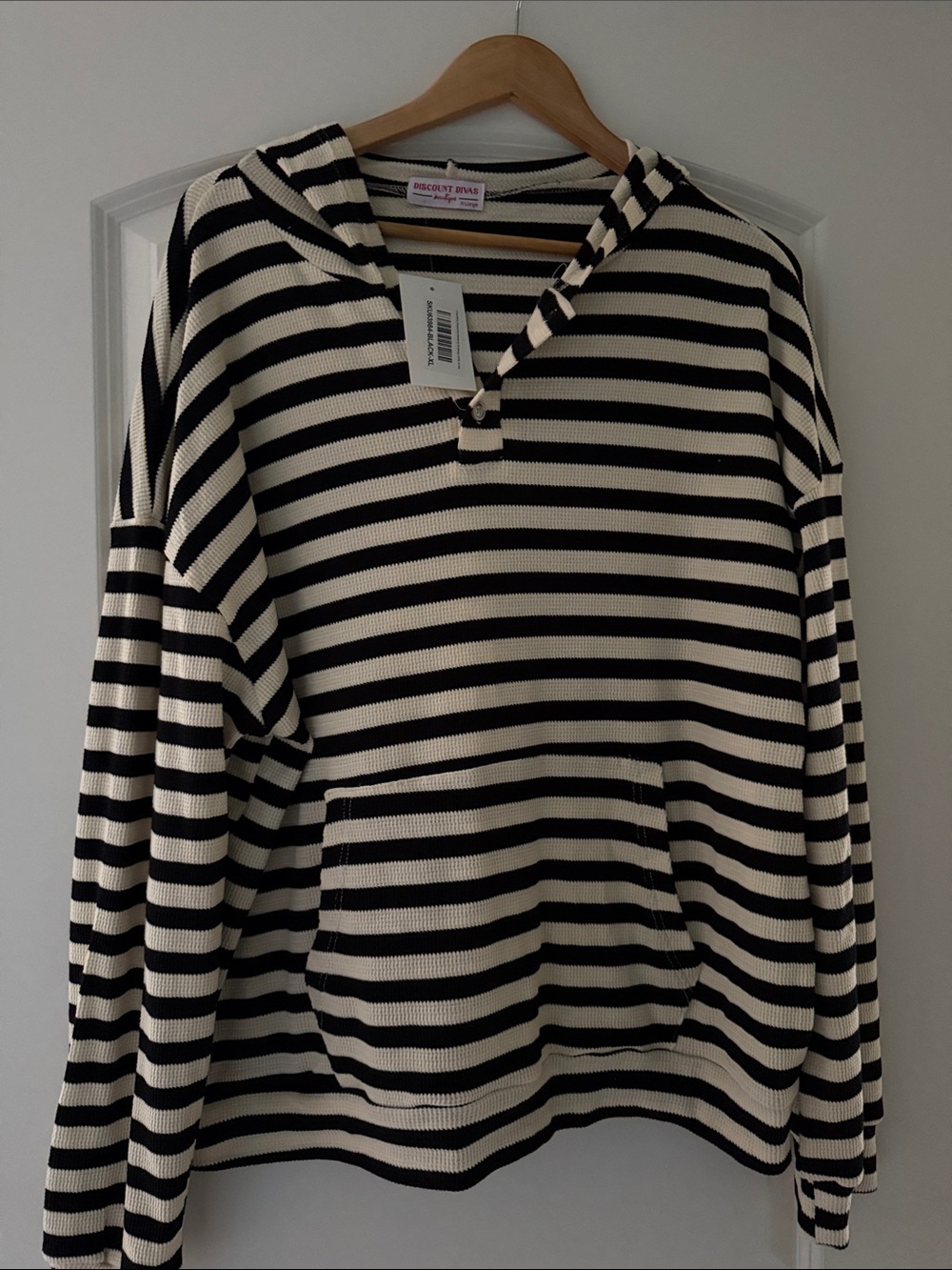Discount Divas Striped Thermal Pullover Hoodie in Black and Cream